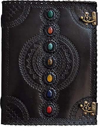 TUZECH Seven Chakra Medieval Stone Embossed Handmade Jumbo Leather Journal Book of Shadows Notebook Office Diary College Poetry Sketch (Black, 10 x 7 Inches)