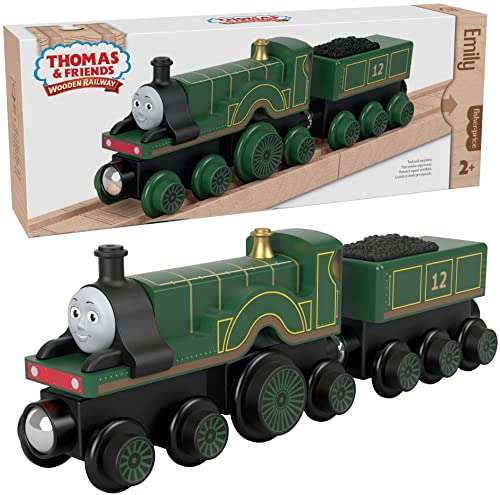 Thomas & Friends Fisher-Price Wooden Railway Emily Engine and Coal Car, Push-Along Train Made from sustainably sourced Wood for Kids 2 Years and up