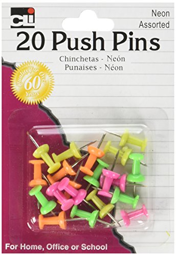 Charles Leonard Push Pins, Assorted Neons, 20-Pack (20205)