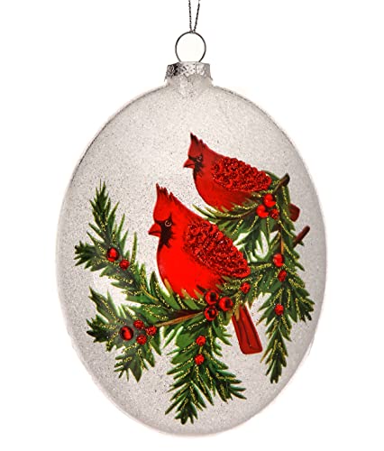 Regency International Red Cardinal on Pine Oval Disc 5 inch Glass Decorative Hanging Ornament