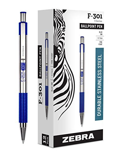 Zebra Pen F-301 Retractable Ballpoint Pen, Stainless Steel Barrel, Fine Point, 0.7mm, Blue Ink, 12-Pack