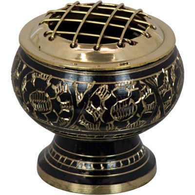 Kheops International New Age Source The Brass Incense Burner with Grid Engraved Flowers Bl