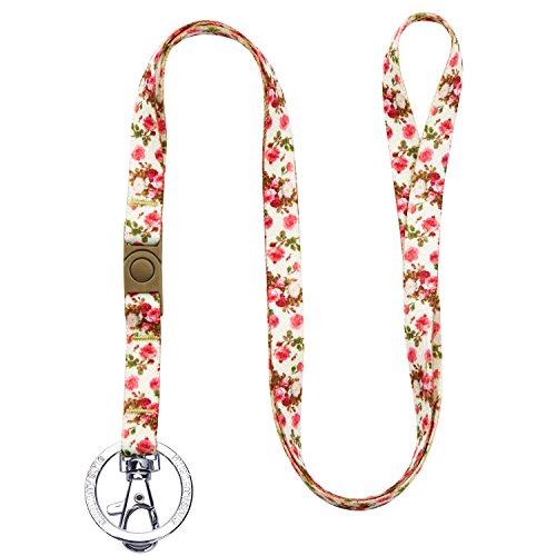 Blueberry Pet Spring Scent Inspired Rose Print Ivory Women Fashion Non Breakaway Lanyard Keychain for Keys/ID Card/Badge Holder, 1/2" Wide