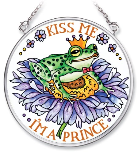 Amia Hand Painted Glass Suncatcher with Frog Design, Kiss Me, I&