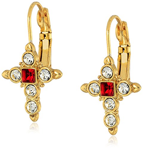 1928 Jewelry Symbols of Faith "Inspirations" 14k Gold-Dipped Crystal Dark Red Cross Drop Earrings