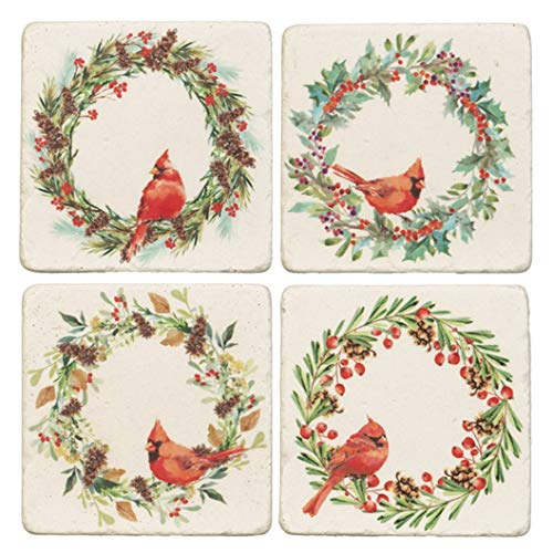 Ganz CB172369 Cardinal in Wreath Coaster Set of 4, Multicolor