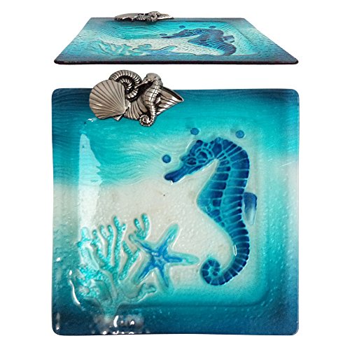 Comfy Hour Under The Sea Collection Decorative Ocean Coastal Seahorse Starfish Coral Sea Snail Conch Square Glass Plate Dishwasher Safe