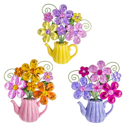 Ganz Daisy Teapot Posy Pot [TM], 4-inch Height, Acrylic and Polyresin, Pink, Purple and Yellow, Set of 3