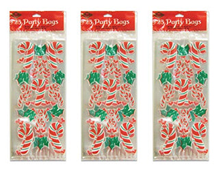 Beistle Candy Cane & Holly Cello Bags 75 Piece, 4" x 9" x 2", Red/White/Green
