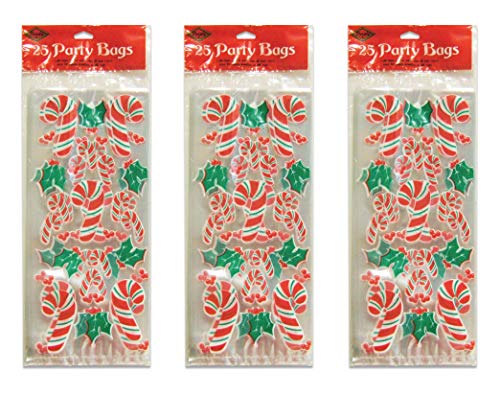 Beistle Candy Cane & Holly Cello Bags 75 Piece, 4" x 9" x 2", Red/White/Green