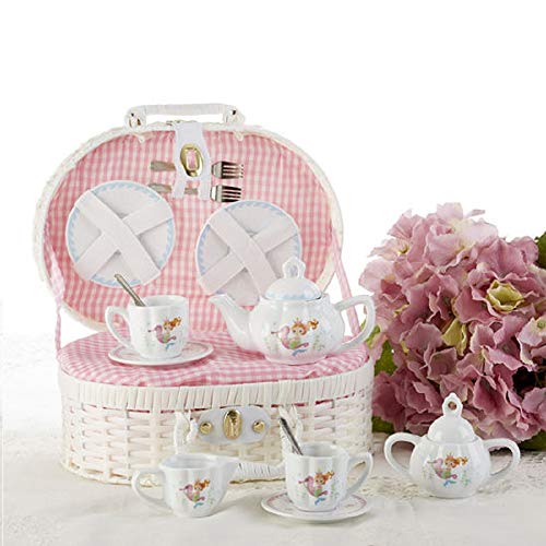 Delton Product Porcelain Tea Set in Basket Mermaid,Pink,10 x 7
