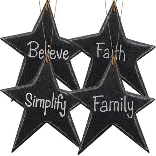 CWI Primitive Wood Black Stars Ornaments Lot of 4 Family Simplify Believe Faith Country Christian - Hearthside