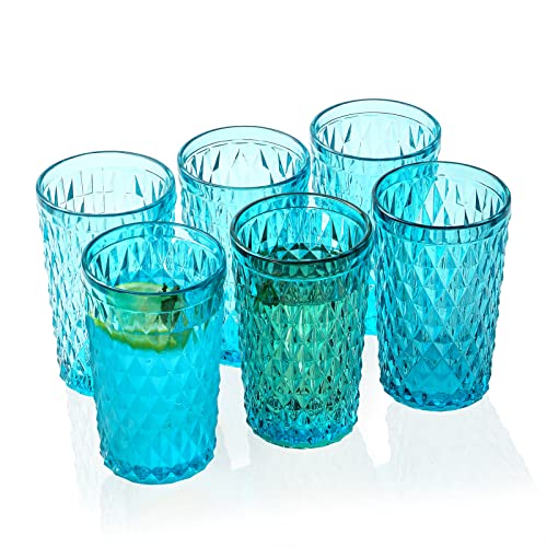 EVEREST GLOBAL Light Blue Highball Glass set of 6 Colored Drinking Glasses 11oz Embossed with Geometric Diamond Pattern Solid Color Glassware for any Occasion
