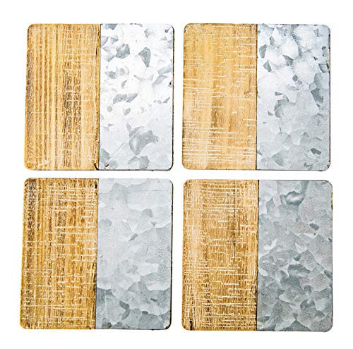 Boston Warehouse Wood and Galvanized Metal Drink Coasters, Set of 4, Square
