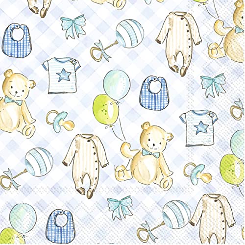 Boston International Rosanne Beck 3-Ply Paper Napkins, 20-Count Cocktail Size, Boy Baby