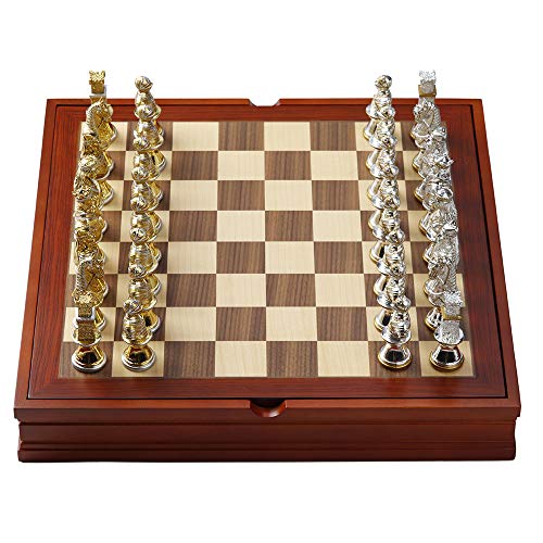 Unicorn Studio Veronese Design 3 Inch Medieval Times Zinc Alloy Golden and Silver Finish Chess Set Castle Crusade Knight with Wooden Board Box Sculpture Figurine Collectible