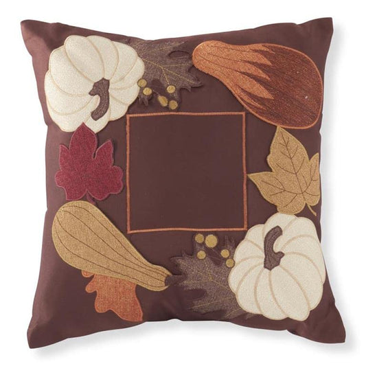 K&K Interiors Square Brown Embroidered Pumpkins and Fall Leaves Throw Pillow, 16-inch Square, Polyester
