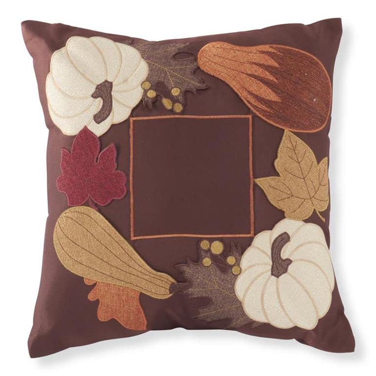 K&K Interiors Square Brown Embroidered Pumpkins and Fall Leaves Throw Pillow, 16-inch Square, Polyester