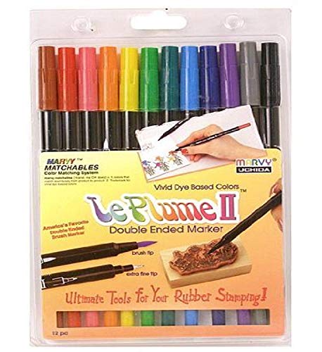 Uchida 1122-12A Le Plume II Double-Ended Markers with Brush and Fine Tips, Primary, Set of 12