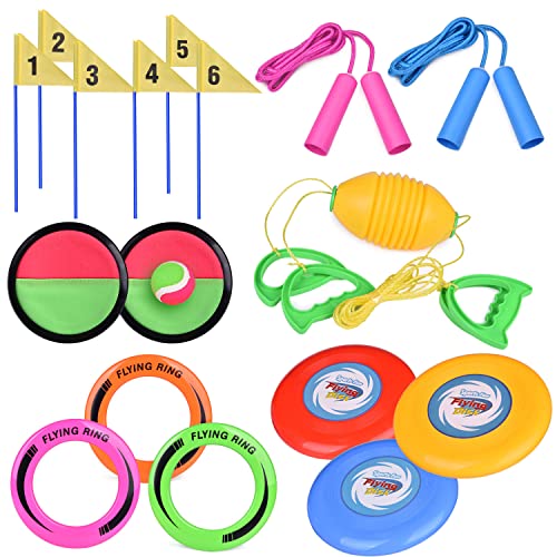 FUN LITTLE TOYS 5 Outdoor Games Set Kids Outdoor Toys with 6 Flying Discs, Zip Ball, Toss and Catch Game, Ring Toss Game and 2 Jump Ropes