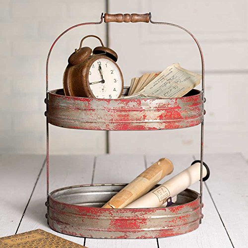 CTW Colonial Tin Works Weathered Red/Grey Two Tier Serving Caddy/Tray-Industrial Farmhouse Chic,12-1/2 Wide x 9-1/2 Deep x 17 Tall