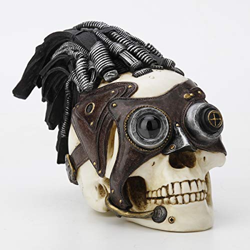 Unicorn Studio Veronese Design 5 7/8 Inch Steampunk Skull with Wire Hair and Leather Goggles Resin Hand Painted Statue Home Decor