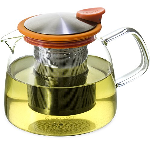 FORLIFE Bell Glass Teapot with Basket Infuser, 24 oz./730 mL, Orange