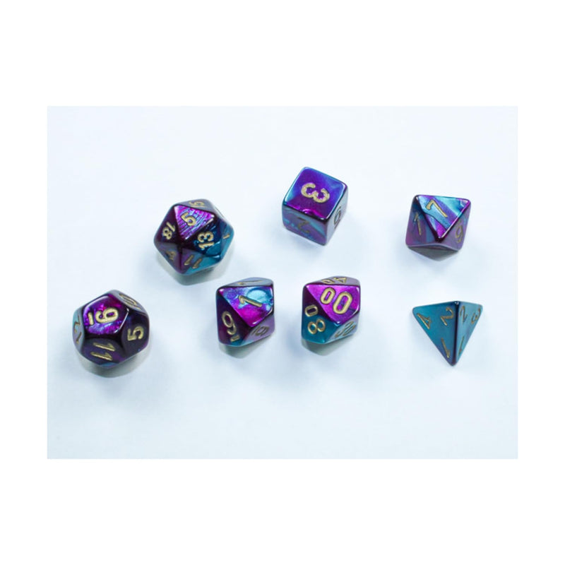 Purple and Teal Gemini Mini Dice with Gold Colored Numbers 10mm (3/8in) Set of 7 Chessex