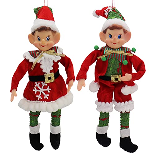 2 pc Kurt Adler Bendable Red and Green Elf Doll Ornament - Shelf Sitter Set 9 1/2 inches