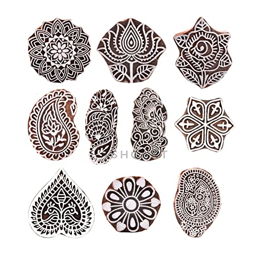 Hashcart Floral Pattern Wooden Blocks - Decorative Hand Carved Stamps for Printing Mehndi / Textile / Pottery Craft / Saree Border / Canvas Painting | Set of 10 Booti |