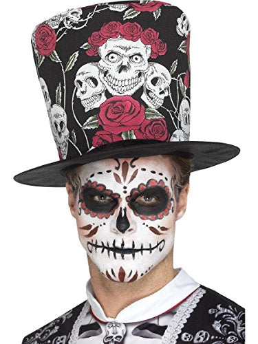 Smiffys 48035 Day of the Dead Skull and Rose Top Hat, Multi-Colour, One Size