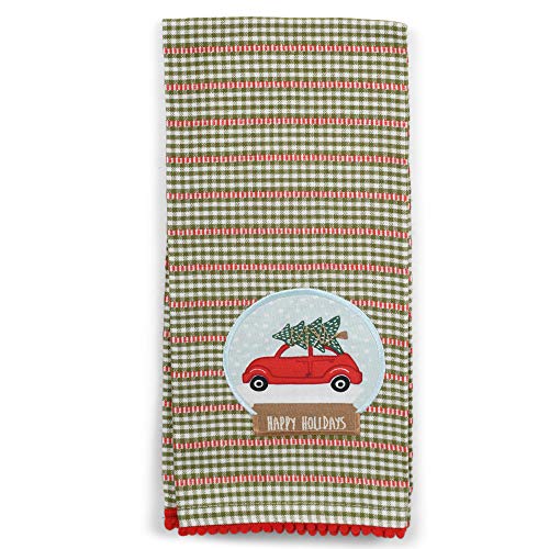 DII Design Gingham Red Vintage Car Snow Globe Decorative Tabletop Water Snow Globe and Dishtowel