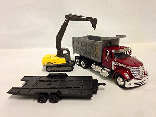 New Ray Toys International Lonestar, Dump Truck w/Excavator 1:43 Scale 18" DIECAST 16623 RED