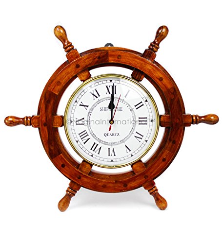 Nagina International 18" Solid Wood Brass Ship Wheel Wall Clock Porthole Nautical Decor Shipwheel 18" Ship Wheel Clock: Boat DecorationWooden Nautical Shipwheel with Clock -