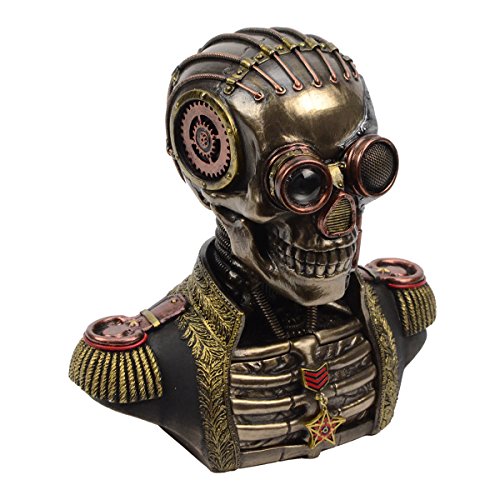 Unicorn Studio Steampunk Mechanical Skull with Gear Brain Band Uniform Bust Double Trinket Secret Stash Box Statue Sculpture