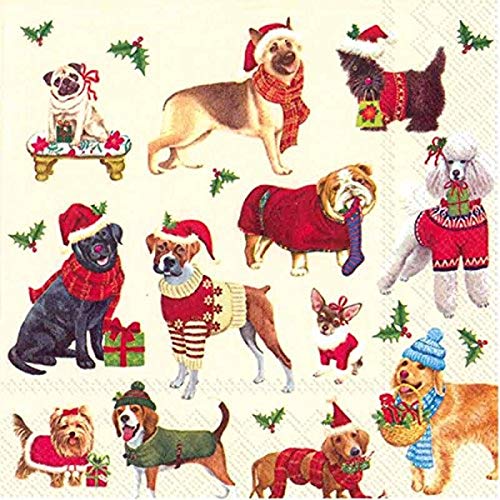 Ideal Home Range Boston International IHR 3-Ply Paper Napkin, 20-Count Cocktail Size, Christmas Dogs