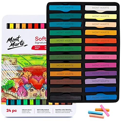 Mont Marte Soft Pastels in Tin Box Signature 24pc, 24 Assorted Colors, Vibrant Pastel Sticks, Great Blending, Comes in Storage Case, Ideal for Art, Craft, Coloring and Sketching