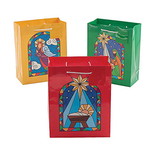 Fun Express Medium Nativity Stained Glass Gift Bags - Party Supplies - 12 Pieces