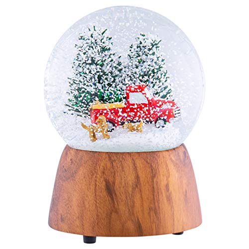 Roman Red Truck With Dogs Cherry Woodgrain 6 x 4 Resin and Metal Holiday Musical Snow Globe