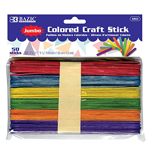 BAZIC Jumbo Craft Sticks Colored Wood, Large Size Ice Cream Popsicle Stick, Non Toxic Art Supplies for DIY Project Building Crafts (50/Pack), 1-Pack