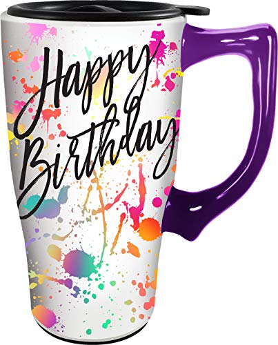 Spoontiques Happy Birthday Ceramic Travel Mug, 18 oz, White