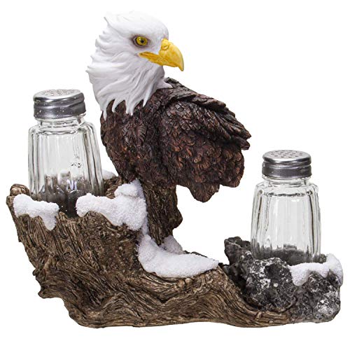 Pacific Trading Giftware American Bald Sea Eagle Spiritual Realistic Decorative Glass Salt and Pepper Shakers Set with Resin Holder Stand