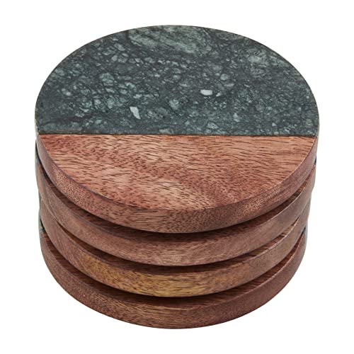 Mud Pie Marble and Wood Coaster Set, Green, 4" Dia