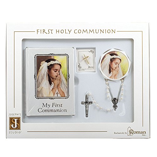 Roman First Holy Communion Book, Lapel Pin, Rosary and Keepsake Box Set for a Girl In Christ