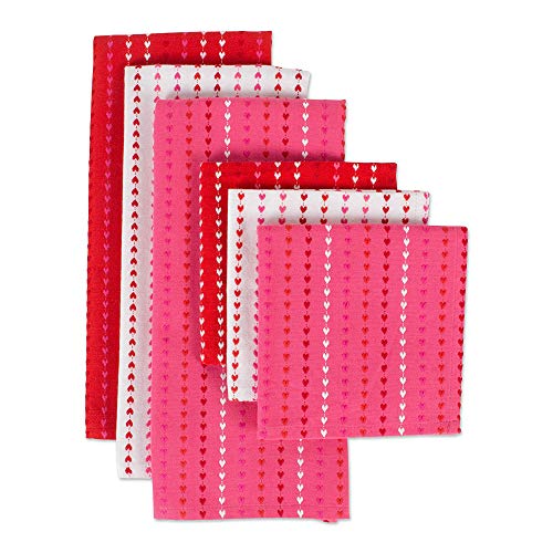 DII Design CAMZ10629 Dishcloth & Dishtowel Set (Set of 6), Assorted, Hearts Dobby Stripe