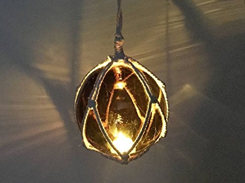Hampton Iron Handcrafted Nautical Decor LED Lighted Amber Japanese Glass Ball Fishing Float with White Netting Decorati