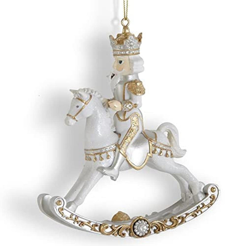 K&K Interiors 54869B White Gold and Silver Resin Nutcracker on Rocking Horse Ornament, 6.25-inches Height