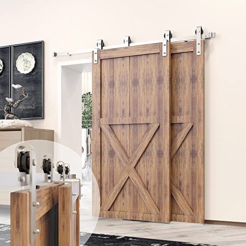 Homacer Brushed Nickel Single Track Bypass Sliding Barn Door Hardware Kit, for Two/Double Doors, 5ft Long Flat Track, Classic Design Roller,