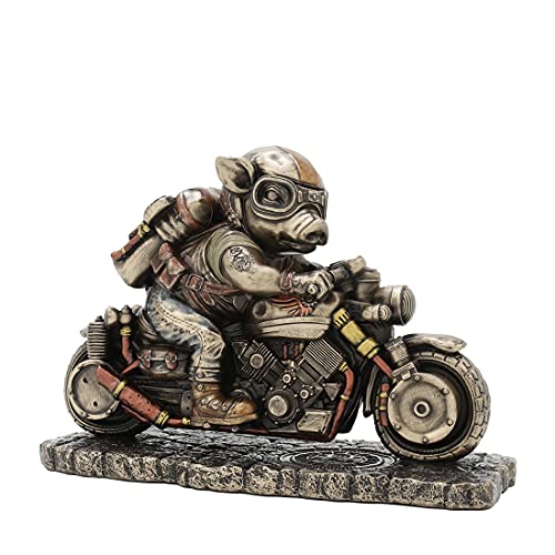 Unicorn Studio Veronese Deign 4 1/2 Inch Tall Steampunk Motorcycle Rough Rider Speed Bacon Hog Figurine Cold Cast Bronzed Resin Statue Pig Animal Collectibles