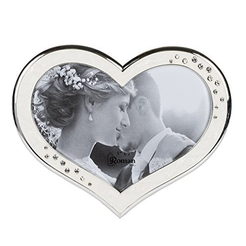 Roman Clustered Rhinestones Heart Shaped 6.5 x 8 inch Zinc Alloy Table Top Photo Frame,Ivory